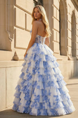 Blue Halter A Line Floral Chiffon Formal Prom Dresses With Ruffles