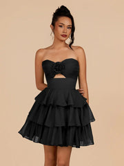 Black - Strapless A Line Chiffon Ruffles Homecoming Dresses With Flower