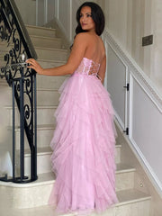 A-Line Tulle Blush Tiered Long Corset Strapless Prom Dress with Appliques