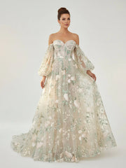 A-Line Light Green Sweetheart Pearl Wedding Dress