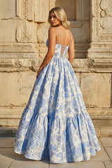 Blue A-Line Spaghetti Straps Floral Jacquard Satin Long Prom Dresses with Keyhole