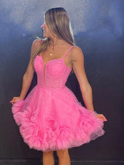 A-Line Spaghetti Straps Short Tulle Homecoming Dress