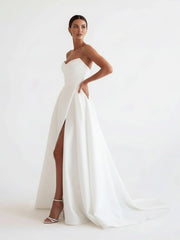 A-Line White Sleeveless Satin Wedding Dress With Side Slit