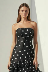Black Strapless Sheath Polka Dots Chiffon Ruffled Prom Dresses With Bow
