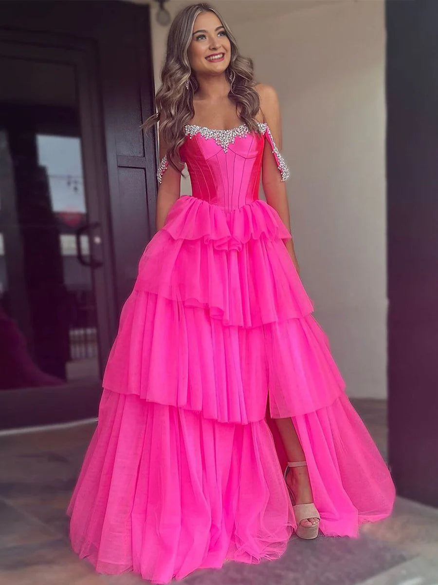 A Line Off the Shoulder Hot Pink Tulle Long Prom Dresses with Beading